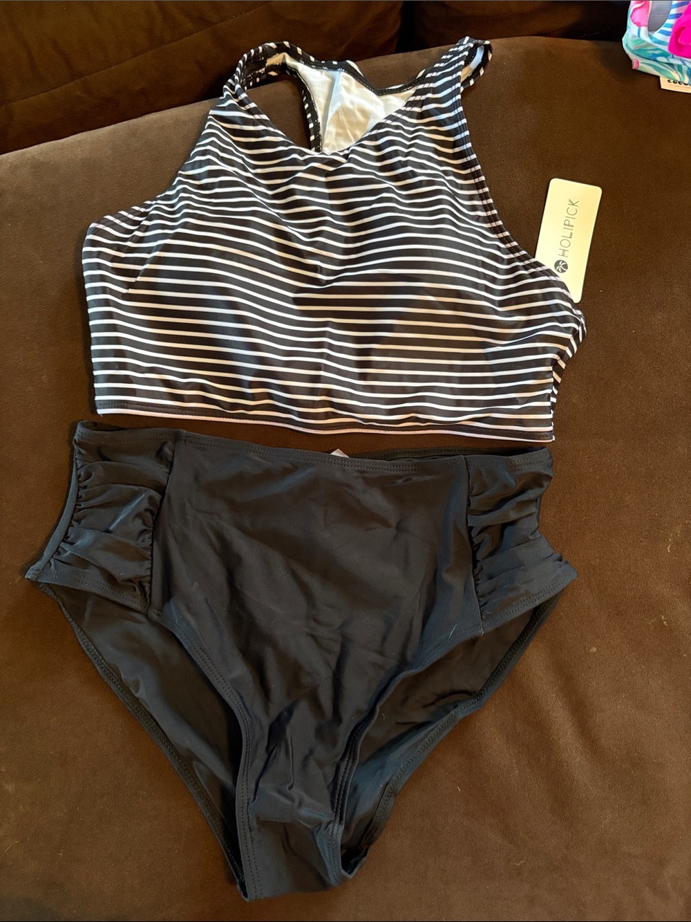 High-Neck Black & White Striped Bikini Set - Cutout Back